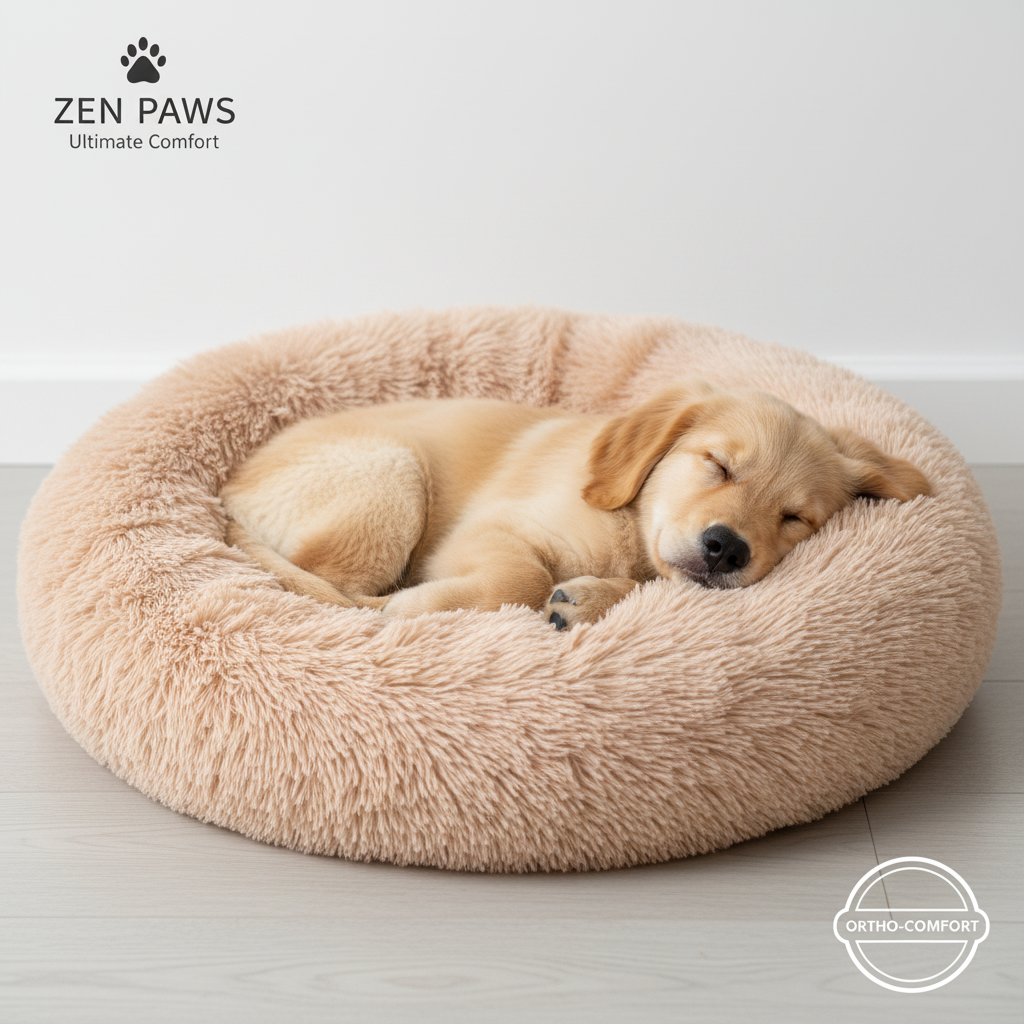 Banner promocional de cama calmante con perro feliz